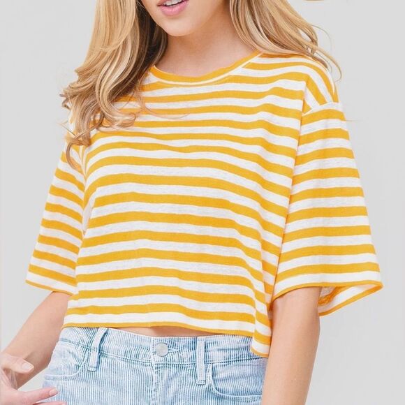 Frame Women Size Large Orange Off White Stripe Boxy Crop Organic Slub Linen Top - Picture 2 of 10